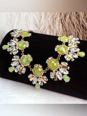 Vintage aged, goldtone, green accent, bling statement necklace
